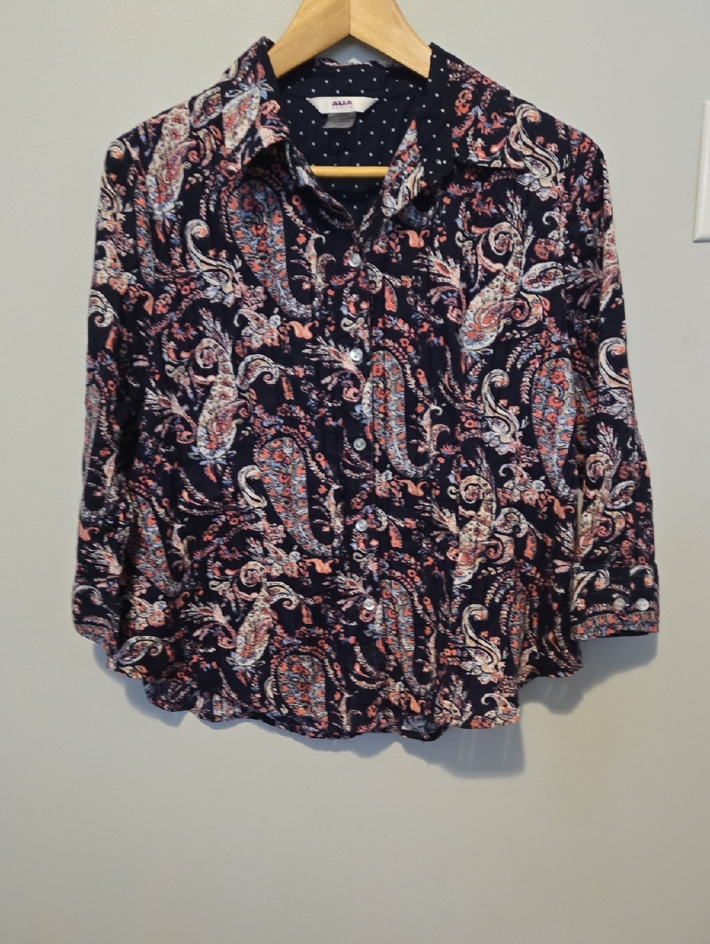 Alia Navy Paisley Button-Down Shirt with Coral Accents